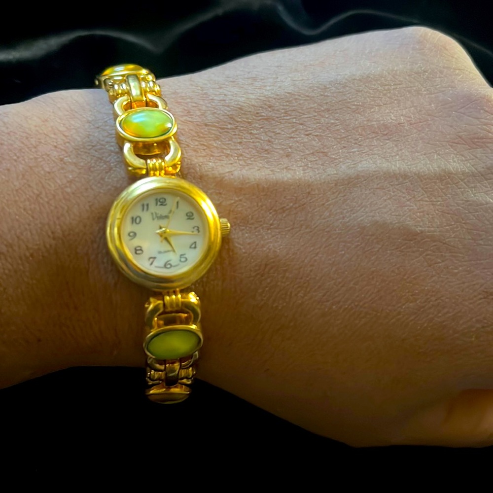 Vintage gold tone light green iridescent quartz watch